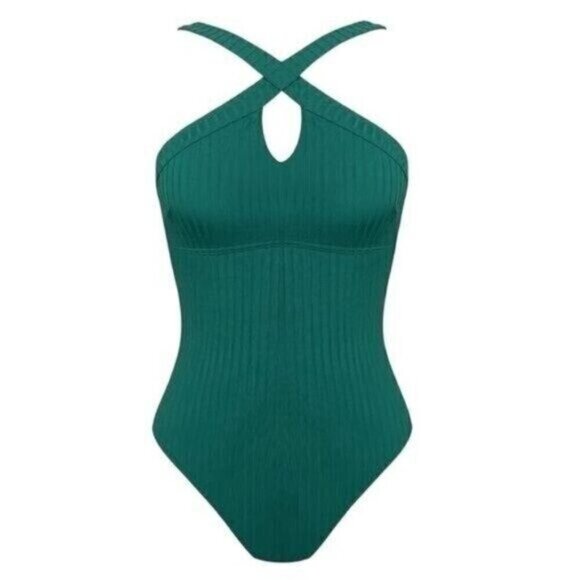 CUPSHE Women One Piece Swimsuit Large Green Ribbed Front Keyhole High Neck Cheek - Picture 5 of 8